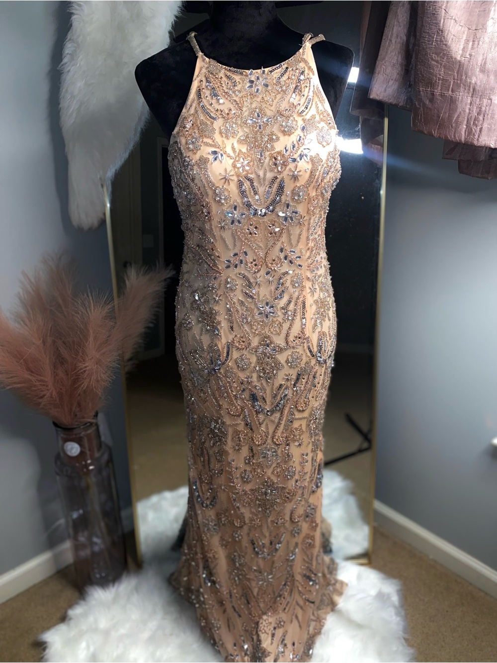 Embellished Nude Beaded Evening Gown